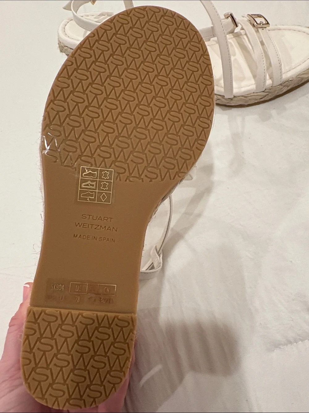 Stuart Weitzman White Leather Espadrille Wedge Sandals with Gold Buckles - Picture 5 of 6